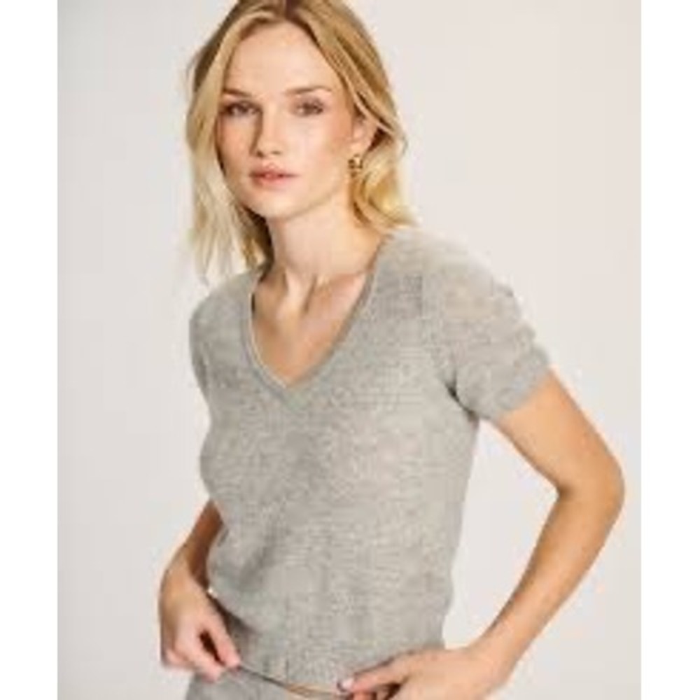 Laurel Womens VTG Heather Grey Silk/Cashmere V-Neck Short Sleeve Sweater Top